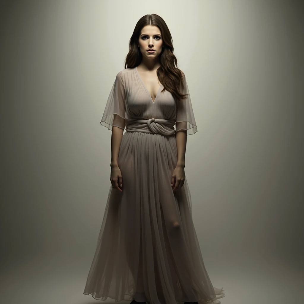 Anna Kendrick in a dress, in a hypnotic state, empty stare, emotionless, face with no emotion, standing frontally 