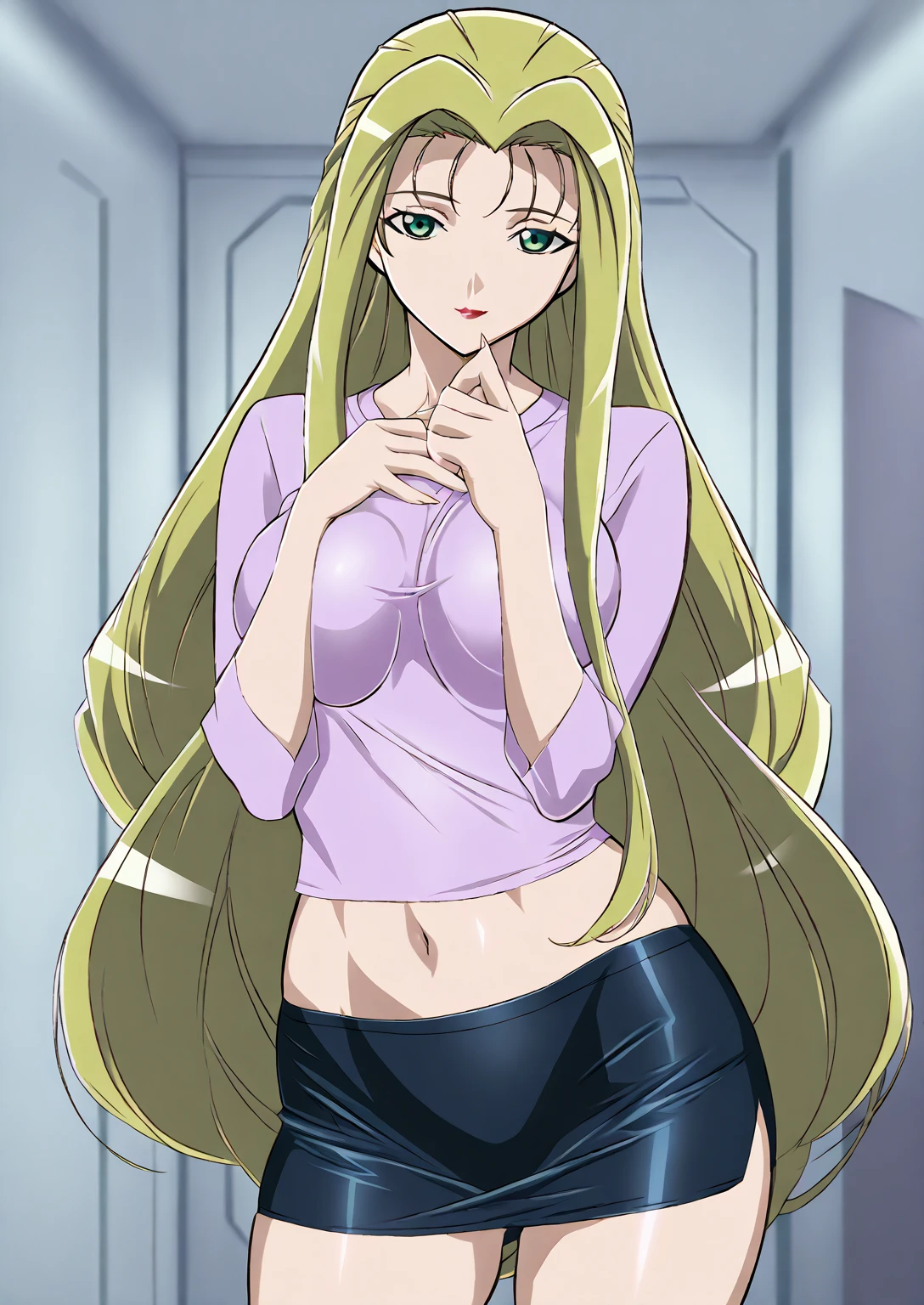 high resolution, masterpiece, necessary, detail, best quality, quality, necessary, tall details, High details, precise,
 
1girl, solo, vandread, vandread anime, seductive look,

Jura, jura (vandread), green eyes, blonde hair, long hair, very long hair, red lips, long sleeve t-shirt, midriff, thighs, miniskirt,



