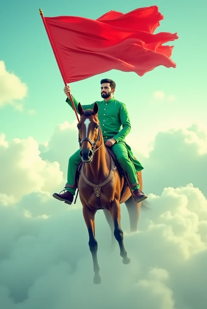 A man wearing a kameez shalwar (traditional Pakistani clothing) riding a horse with the Pakistani flag displayed.