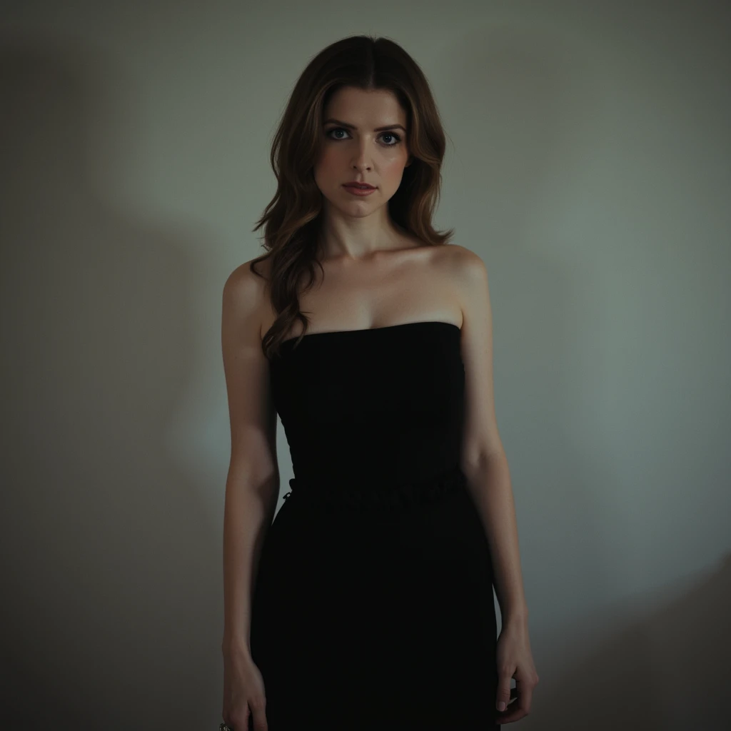 Anna Kendrick in a strapless dress, in a hypnotic state, empty stare, emotionless, face with no emotion, standing frontally 