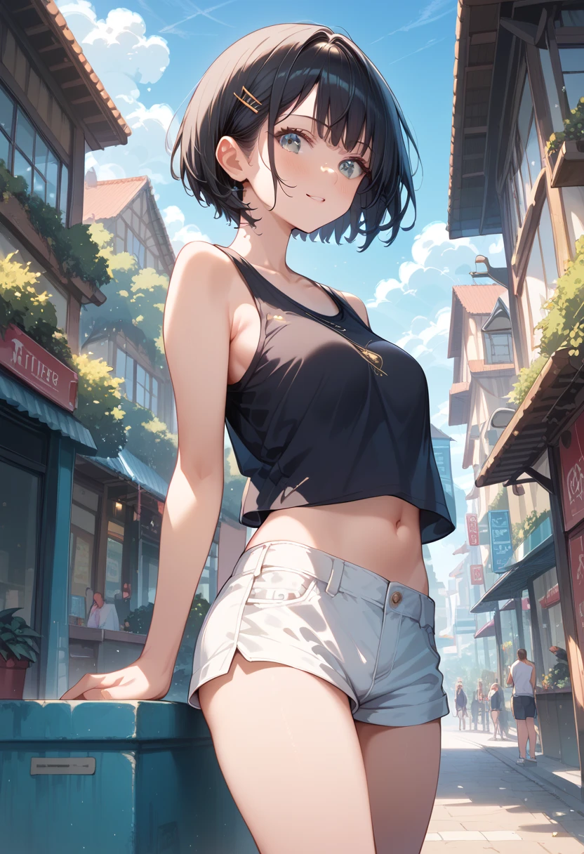 ultra-absurdres-Top quality by artist God, ultra-detailed, high resolution, anime moe artstyle, best anime 8k konachan wallpaper, pixiv contest winner, pool:2810, perfect anatomy,break, 1girl, (Please draw a girl standing wet body sleepily in rain. )break,(Solo,little female, 11-year-old:1.3),Full limbs, complete fingers,a junior high school student, (very short hair), short cut, flat chest,groin, small butt, small black eyes, beautiful detailed eyes, well-proportioned iris and pupils, expressive eyes, highres detailed hair, wet, soft expression, tank top, shorts, (Detailed Lighting), (Detailed background), outdoors, in the alley. break,super detailed skin, shiny skin, Best sexuall lighting powered by famous artist, 8k,beauty illustration,photoshop_(medium),very aesthetic,break,((artist:fujima_takuya )), artist:clamp ,artist:carnelian ,artist:kantoku ,