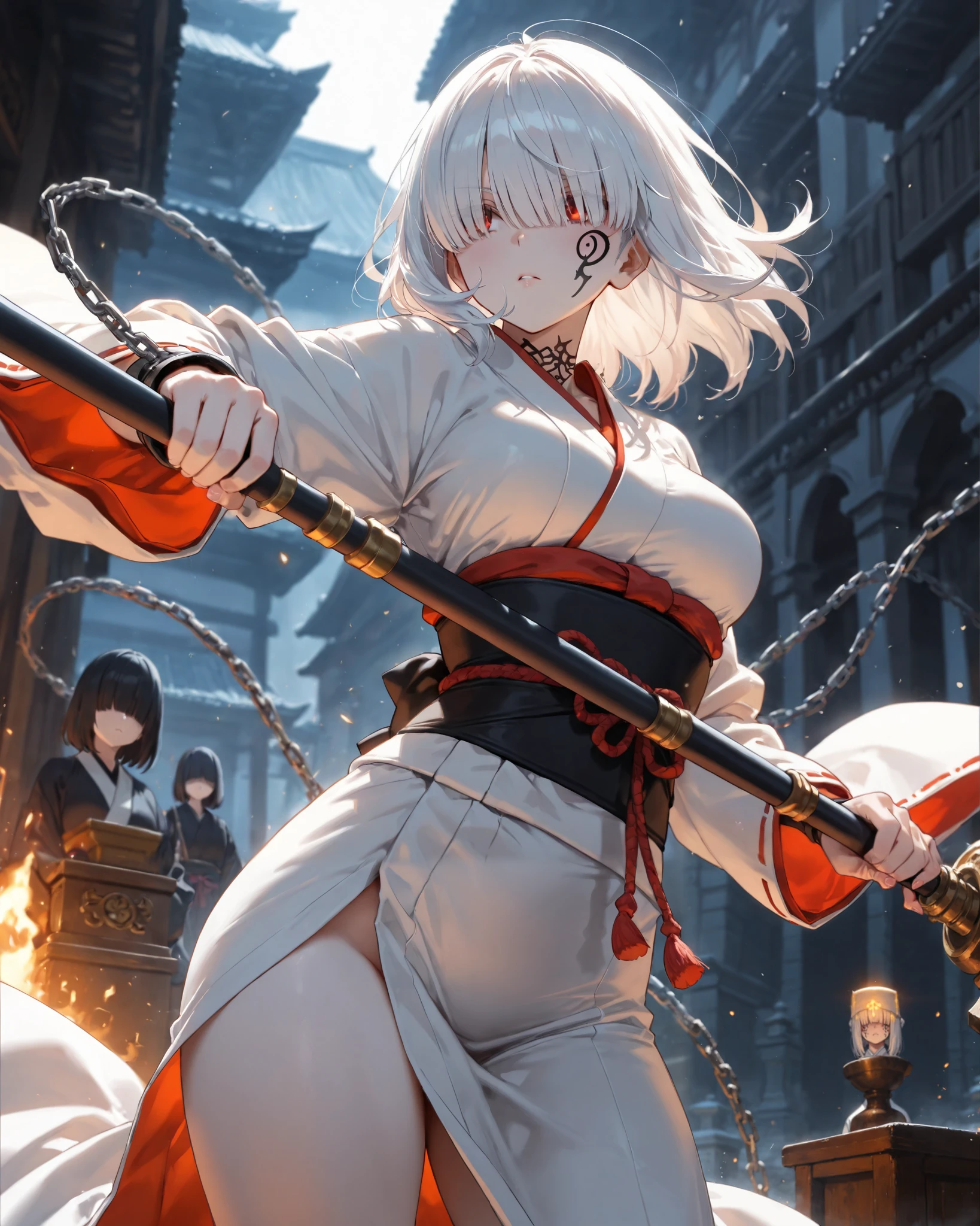 ((hair over eyes)), albino white hair, medium hair, blunt bangs, albino white skin, chain face tattoo, White kimono, medium breasts, An altar, bishop's staff, outdoors, battle stance, magic effect, cowboy shot, (best quality,4k,8k,highres,masterpiece:1.2),ultra-detailed,intricate details, high fashion, dramatic lighting, warm colors, chiaroscuro