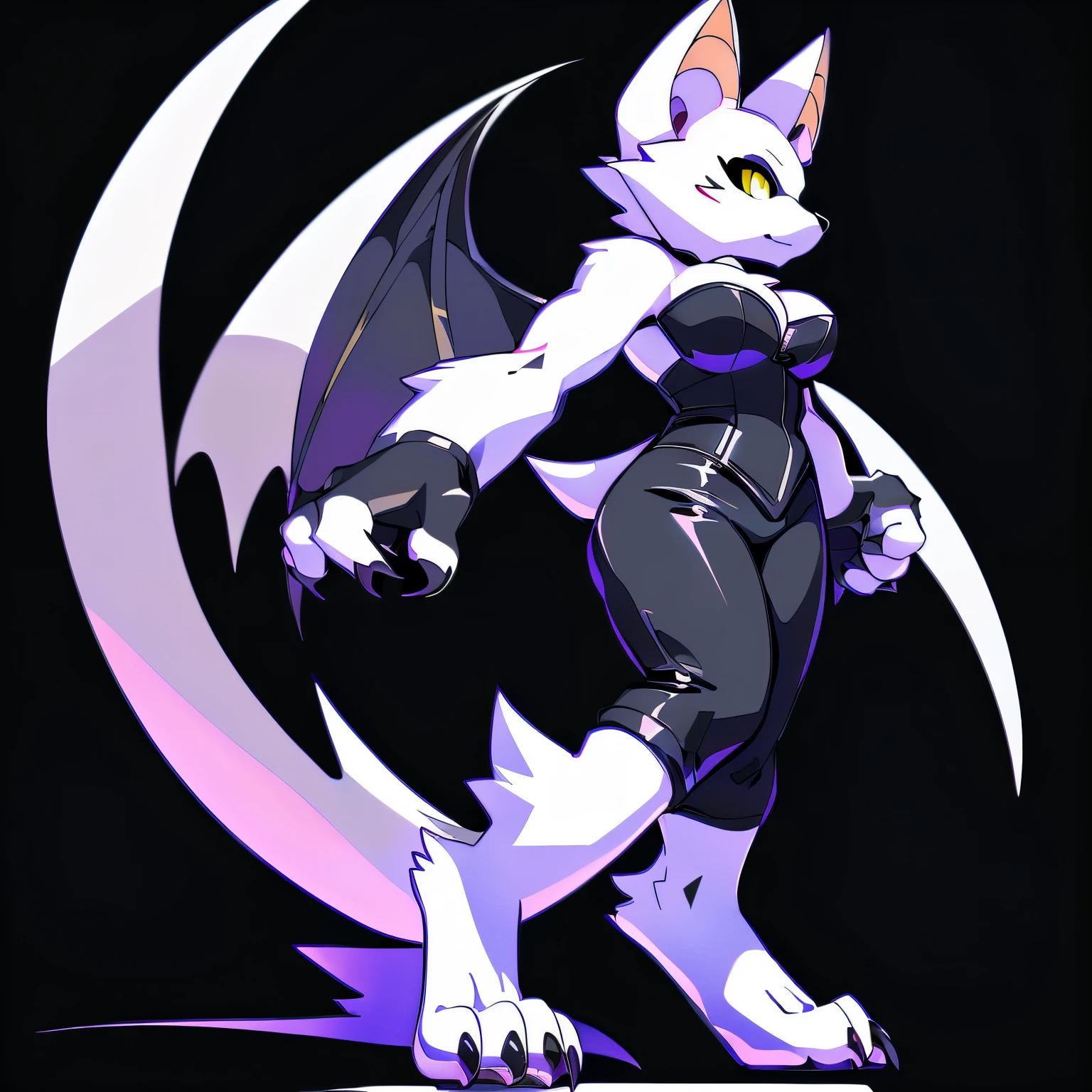 Anime, anime style, ((single person:2)), ((solo drawing:2)), ((solo:2)), ((three-quarter view)), ((Looking to the side)), ((female Anthro bat)), ((Tall figure)), ((buxom figure)), ((sleek white fur)), clawed hands, ((clawed paws)), ((Single Pair of Wings)), ((Huge Bat Wings)), ((Purple Bat Wings:1.2)), ((white bat ears)), ((wearing a black bustier)), ((white face)), ((neutral expression)), vivid yellow eyes, ((digitigrade legs)), ((digitigrade feet)), ((solid black background)), ((blank black background)), highly detailed anime style, clean lines, white face, short white muzzle, white furry cheeks, white furry muzzle, ((wearing black pants)), ((white foot paws)), ((foot paws with four toes)), ((Claws on paws))