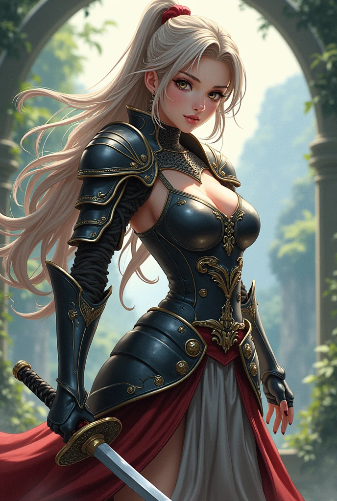 22 y.o.  stunnngly beautiful Woman with Metal Chainmail and Black Stockings , in the forest, Medieval Fashion Model Looking Up, Now, Dressed as a Crusader Knight, Inspired by the Master of Legend of Saint Lucia, blonde goddess, backlit, on her knees, dressed in templar armor, wearing sexy lingerie
