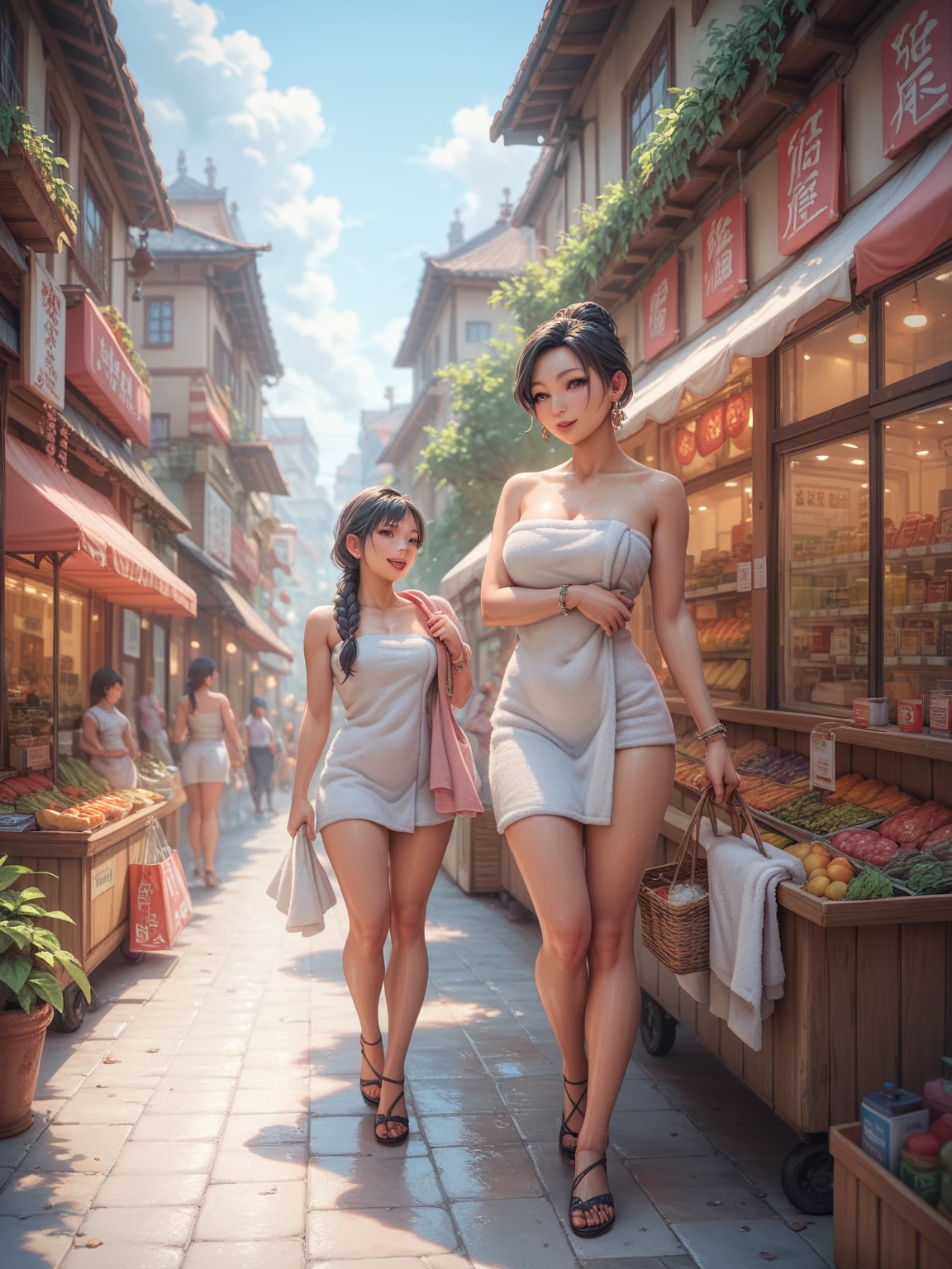 sfw:2,Asian woman in bathroom wearing towel, shopping in crowded street market, surrounded by women