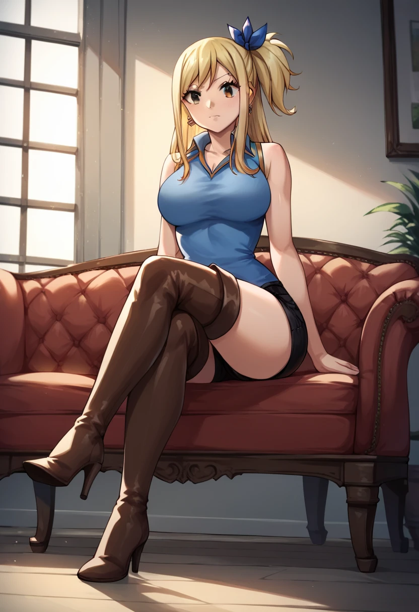 score_9, score_8_up, score_7_up, score_6_up, score_5_up, score_4_up, source_anime, 1girl,lucy heartfilia, blonde hair, long hair, side ponytail, blue ribbon, brown eyes, middle breasts, earrings, thigh boots, brown boots, long heels, high heels, blue shirt, black shorts, crossed legs, sit, sofa, room, best quality, best res, 4K UHD,
 