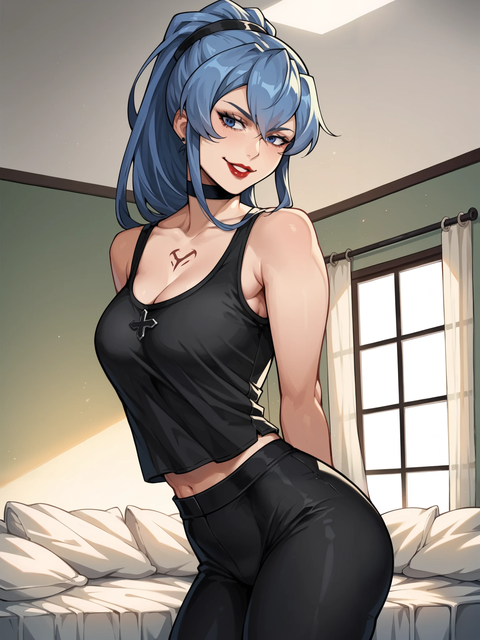 Girls, smile, red lips, fair skin, long hair, blue hair colors, big boobs, big breats, big ass, big butt, sexy body, thic, thic body, crop tank top, black crop tank top colors, leggings, black leggings colors, beauty girls, sexy pose, in bedroom background, gaze looking at the camera, score_9, score_8_up, score_7_up, score_6_up, score_5_up, score_4_up, BREAK source_anime, Esdeath, from behind, looking back