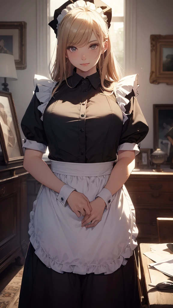 donkey centaur, blonde, femboy, maid dress, medium hair, otokonoko, four legs, donkey, cleavage, waist, naval, detailed, ultra realistic