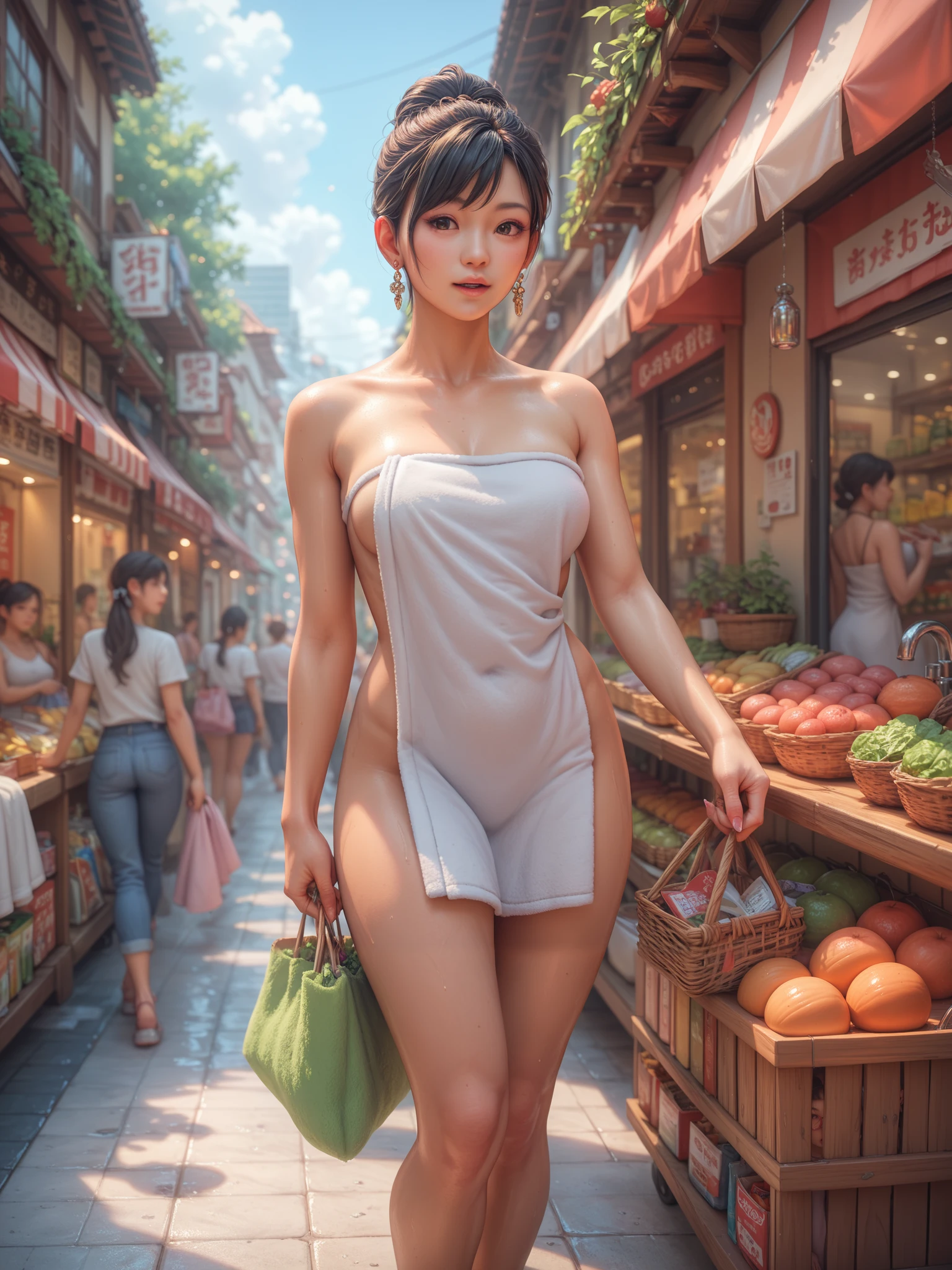 (Nude, missing clothing, pubic_hair, waist chain:2) gorgeous sexy Polynesian|Filipina|Asian woman shopping in crowded plaza street, long_hair, holding shopping bags, thicc thighs, hourglass_figure, narrow_waist, neon lights, hair light, side lighting