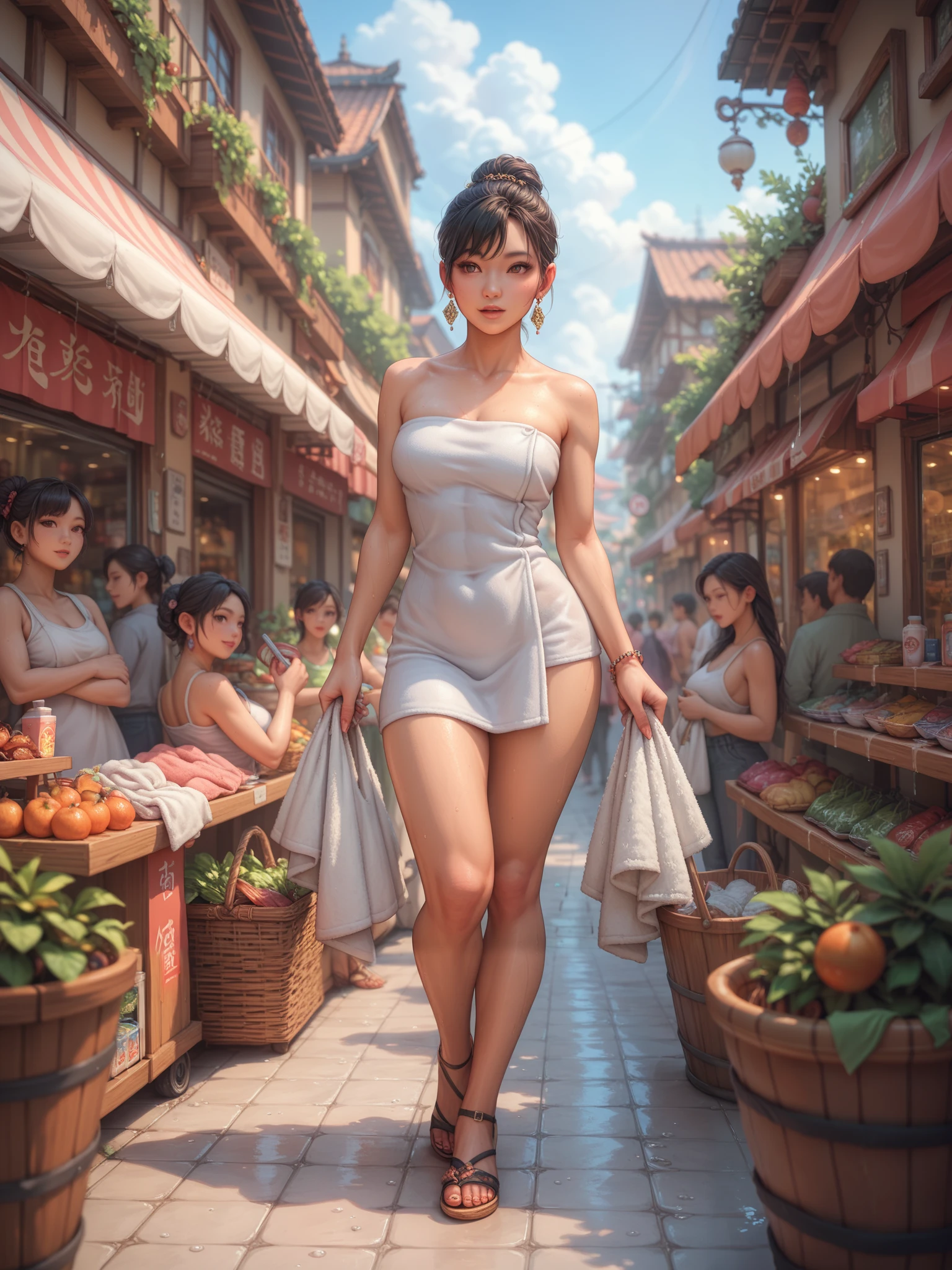 sfw:2,Asian woman in bathroom wearing towel, shopping in crowded street market, surrounded by women