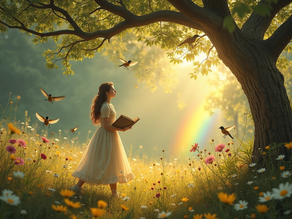 Une fille est debout dans un champ de fleurs sauvages . Une abeille réaliste devant ses yeux , elle marche avec un livre très ancien, ouvert. Un arc-en-ciel passant au dessus de la scène et trois oiseaux sont posés sur la branche d'un arbre forestier lumineux.