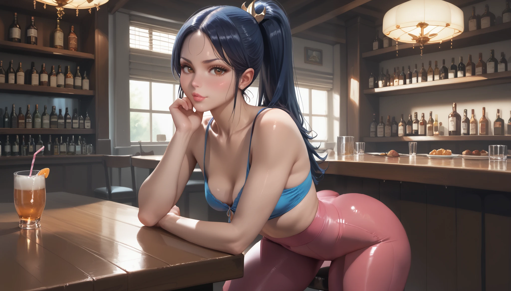 NSFW, erotica, wearing a top and leggings at the bar, girl with small breasts , sexuality, Better quality , pure quality , High quality , 4K, 8k, One woman , sexy woman , brown eyes, dark blue hair , hairstyle " ponytail ", girl with small breasts , brown eyes, The main character , long hair, smiles,