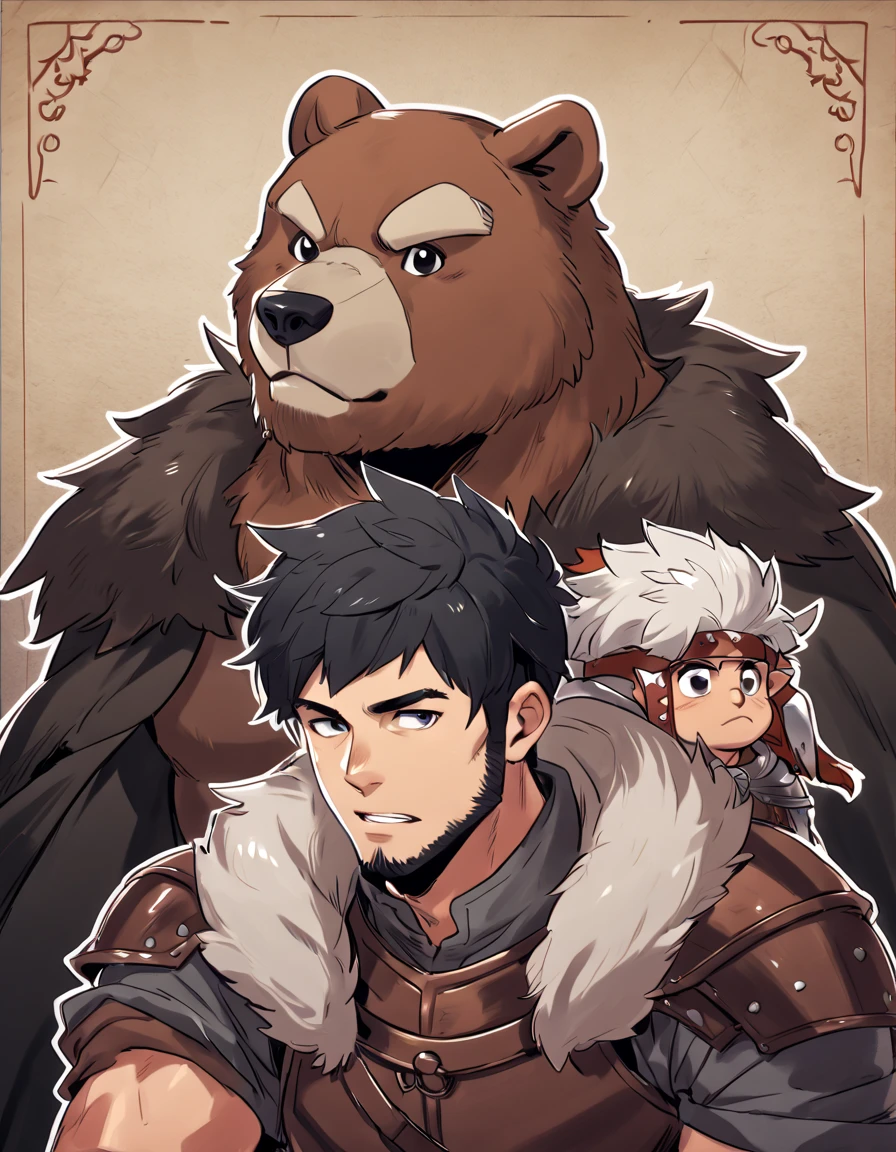 man, adult, young, black hair, black beard, muscular. medieval leather armor, fantasy, warrior, barbarian, bearskin adornment, bear head as shoulder pad, fur cape. background: medieval tavern