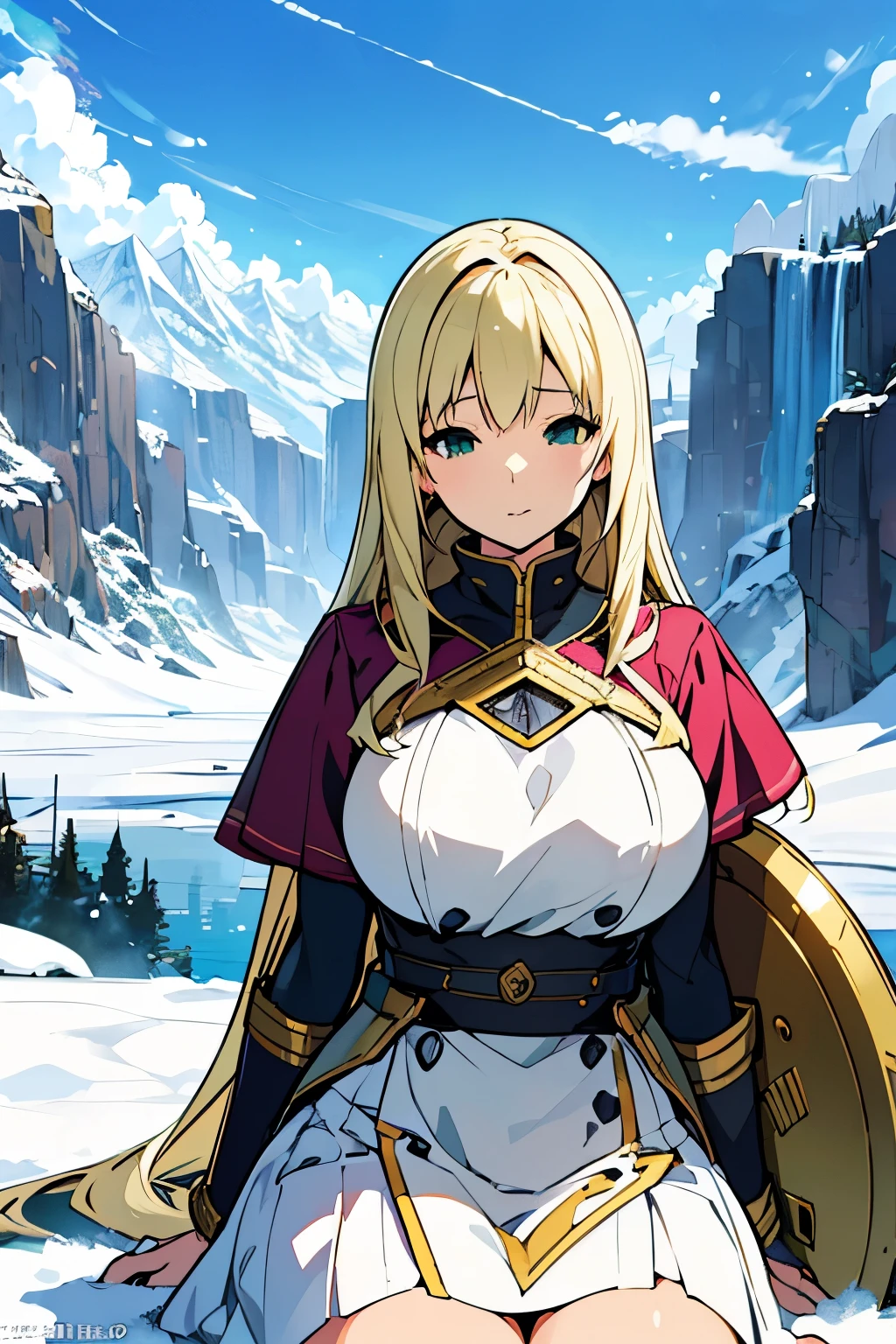 (shield maiden in green armor with gold stripes and winged helmet in a mountain landscape snow close view), art by atey ghailan, painterly anime style at pixiv, art by kantoku, in art style of redjuice/necömi/rella/tiv pixiv collab, your name anime art style, masterpiece digital painting, exquisite lighting and composition, inspired by wlop art style, 8k, sharp, very detailed, high resolution, illustration, natural beauty