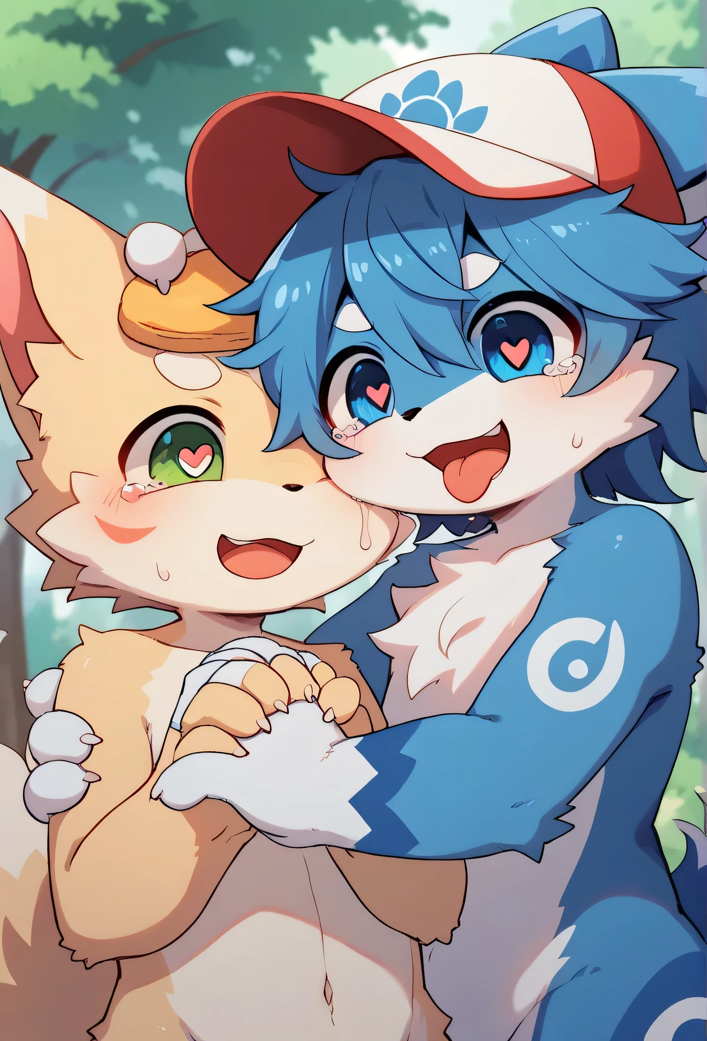 two blue furs , male and female holding hands and crying, anthropomorphic style , Very detailed fur texture ,Emotional expression, soft light, with white fur accents,natural forest background , anime-style illustration -ar 16 :9 bright colors , very detailedな, very detailed,Blue fur, blue haired blue male and female ,Look at the bones and make them cute ,Heart Eyes,participate,Red Art ,green,white, colored hat , cute face, something like fluffy fur ry, excited, amorous girl and boy ,森smile,Stylish,Dropped ears,Beautiful City,naked, My mental age ,want,smile,Heart Eyes,Protruding tongue ,Art , getting stroked on the head , something like fluffy fur ,