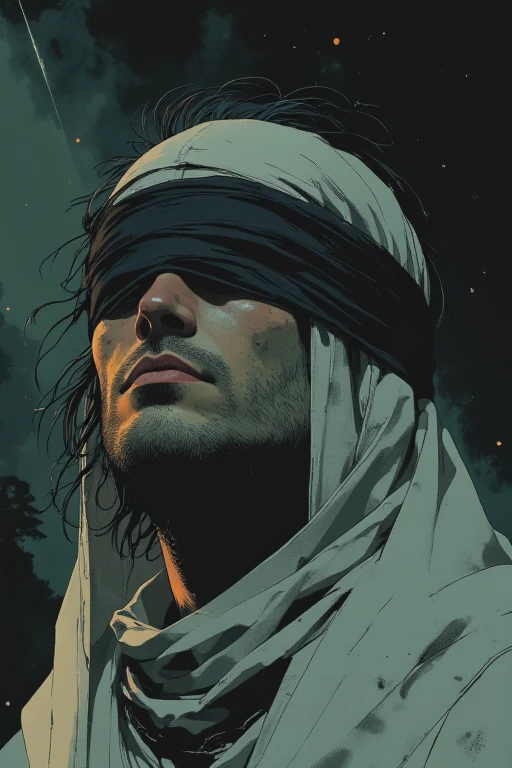 Off-center composition, wide-angle with the subject facing away. The image is a close-up of a dark and eerie scene. The focal point of the image is the face of a man, who appears to be in a state of contemplation. His eyes are completely covered by a black blindfold, tightly wrapped around his head, obscuring his vision and adding an air of mystery and symbolism. The fabric of the blindfold is slightly worn, with subtle folds and creases, blending into the surrounding fog.

His facial expression is solemn, his lips slightly parted as if lost in deep thought. His long, wild hair cascades over his shoulders, partially blending with the mist. The background is dark and melancholic, with a faint beam of light piercing through the fog, enhancing the eerie and mysterious atmosphere. His body is partially obscured by a large white veil covering his head and shoulders, creating a striking contrast with the black blindfold, emphasizing a sense of duality between light and darkness.

The artwork follows an anime style with dark and dim lighting, inspired by the works of Makoto Shinkai and the horror illustrations of John Kenn Mortensen. The style resembles dark and whimsical illustrations, Post-it note art, and fantasy-driven eerie designs. The visual is 2D and flat, incorporating spiritual themes, colorful and picturesque landscapes. The composition is vibrant and highly detailed, evoking the aesthetics of graphic illustrations, comic book art, and graphic novels. The anime style is emphasized with key visual vibrancy, resembling high-quality studio anime productions with a high level of detail