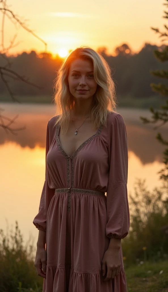A photo of a age 37 (hourglass-figure blonde:1.5) woman wearing a pink sundress somewhere where she can meet her girlfriend