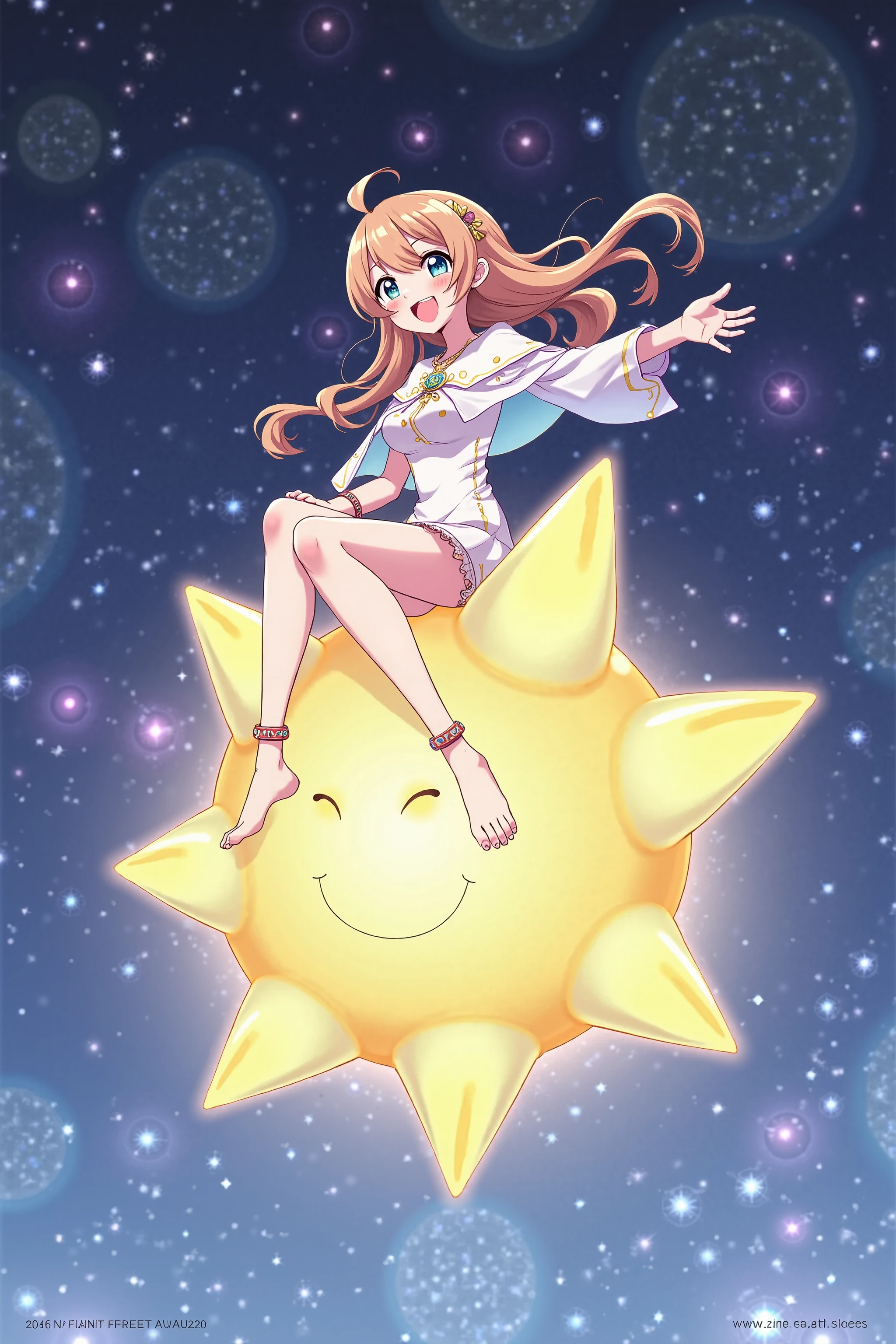 anime, frieren riding a star, cute grin, capelet, jewelry, happy, ultra detailed, vibrant colors