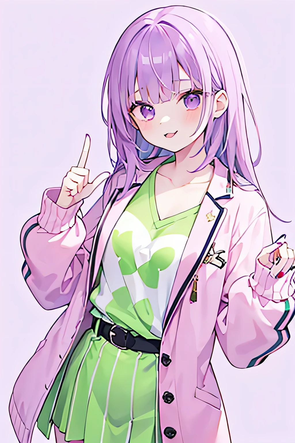 A girl with purple hair, standing against a pink background, wearing a green jacket with white stripes on the shoulders. She is raising both hands, showing the middle fingers. Her nails are painted, and she is wearing rings on her fingers, crazy girl, bleh, tongue