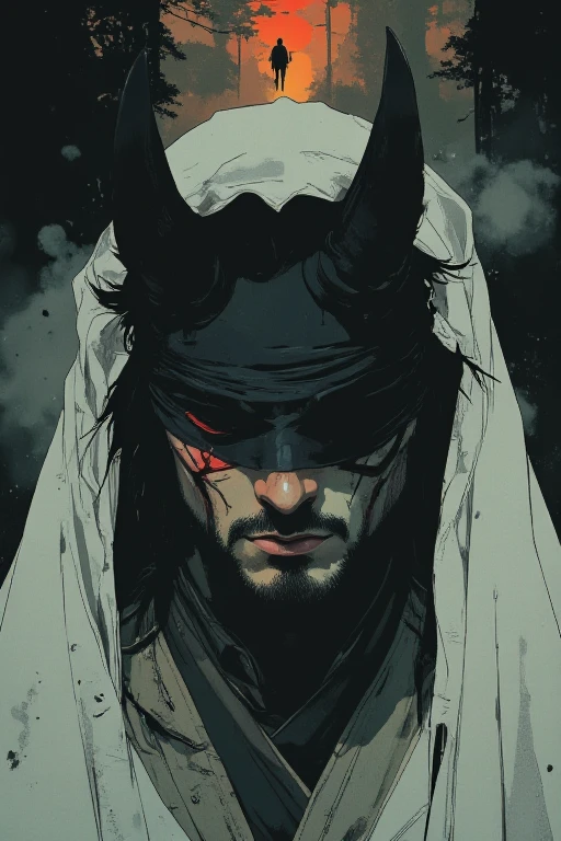 Off-center composition, wide-angle with the subject facing away. The image is a close-up of a dark and eerie scene. The focal point of the image is the face of a man, who appears to be in a state of contemplation. His eyes are completely covered by a black blindfold, tightly wrapped around his head, obscuring his vision and adding an air of mystery and symbolism. The fabric of the blindfold is slightly worn, with subtle folds and creases, blending into the surrounding fog.

His lower face is concealed by half of an Oni mask, covering his mouth and jaw. The mask is intricately designed, featuring sharp demonic fangs, cracked surfaces, and an aged, battle-worn appearance. It appears to be fused with his face, as if it is part of his identity, creating a haunting and enigmatic presence. His long, wild hair cascades over his shoulders, partially blending with the mist.

The background is dark and melancholic, with a faint beam of light piercing through the fog, enhancing the eerie and mysterious atmosphere. His body is partially obscured by a large white veil covering his head and shoulders, creating a striking contrast with the black blindfold and Oni mask, emphasizing a sense of duality between light and darkness.

The artwork follows an anime style with dark and dim lighting, inspired by the works of Makoto Shinkai and the horror illustrations of John Kenn Mortensen. The style resembles dark and whimsical illustrations, Post-it note art, and fantasy-driven eerie designs. The visual is 2D and flat, incorporating spiritual themes, colorful and picturesque landscapes. The composition is vibrant and highly detailed, evoking the aesthetics of graphic illustrations, comic book art, and graphic novels. The anime style is emphasized with key visual vibrancy, resembling high-quality studio anime productions with a high level of detail