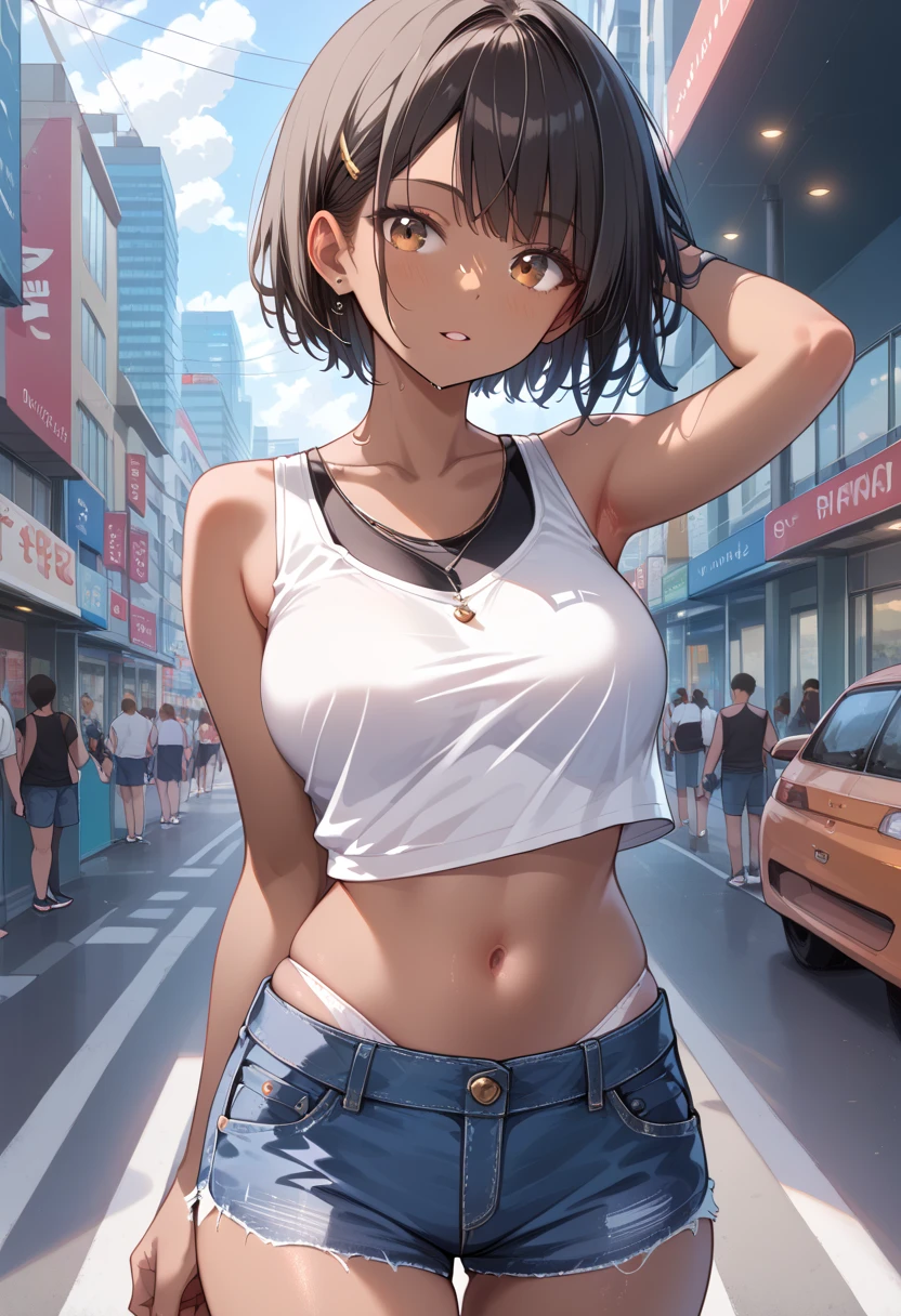 (8K、Highest quality、Highest quality、masterpiece)、Detailed face、One Girl、 
(Brown Skin:1.2)、Black Hair、Bobcut、(Pink Eyes、Sweat:1.2)、Grin、(White tank top、Denim pants:1.2)、big 、Upper Body、