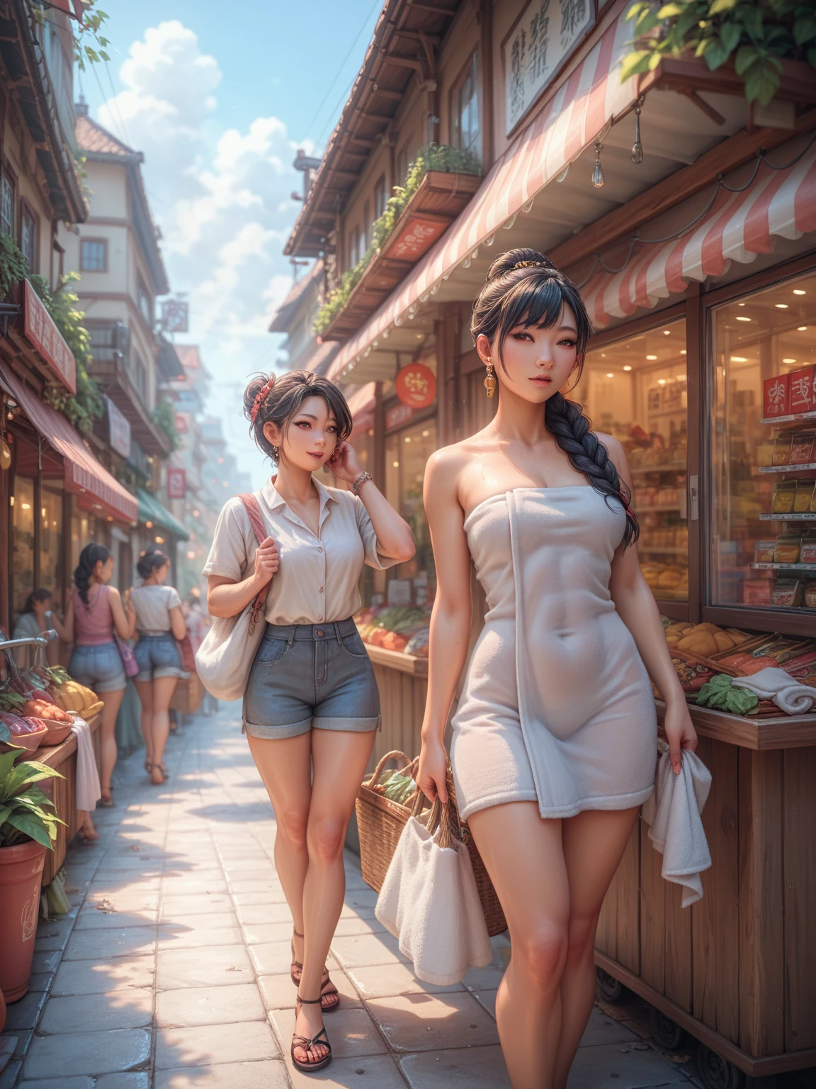 sfw:2,Asian woman in bathroom wearing towel, shopping in crowded street market, surrounded by women