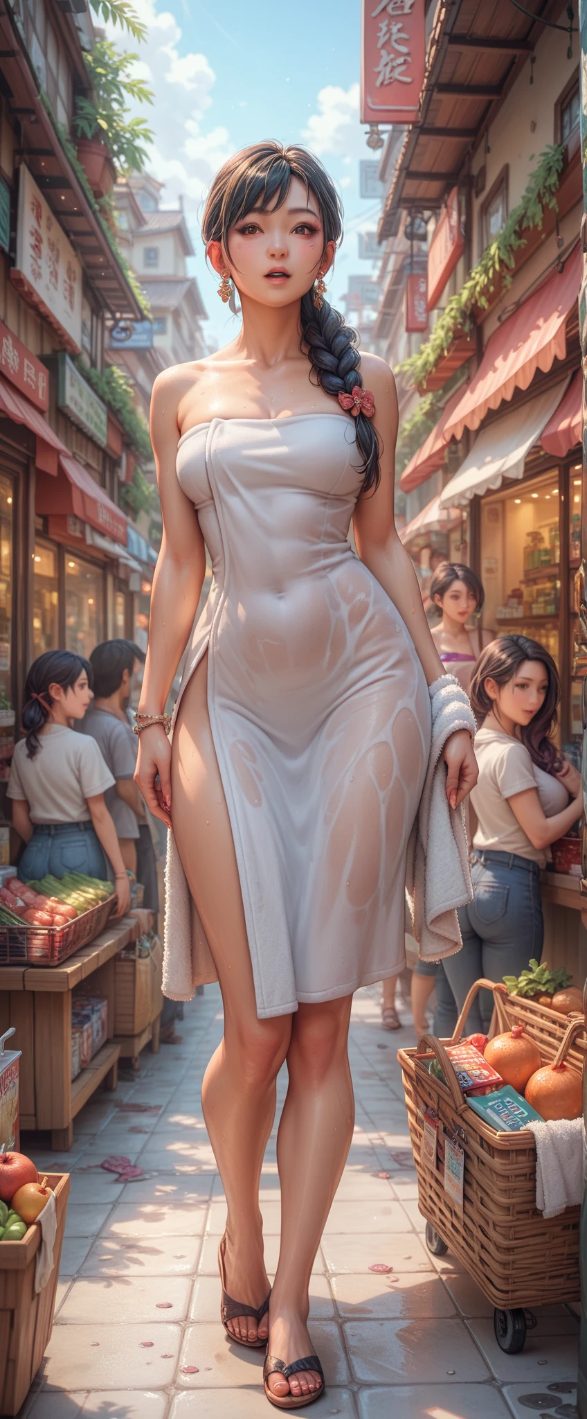 sfw:2,Asian woman in bathroom wearing towel, shopping in crowded street market, surrounded by women