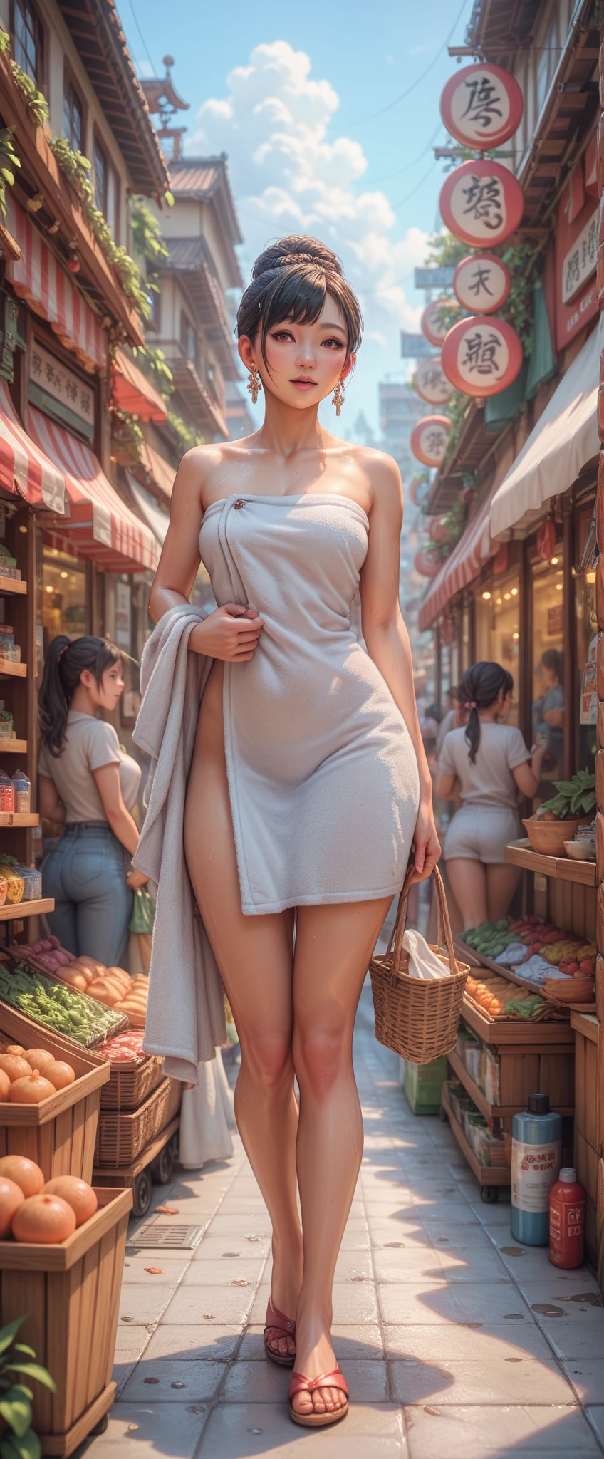 sfw:2,Asian woman in bathroom wearing towel, shopping in crowded street market, surrounded by women