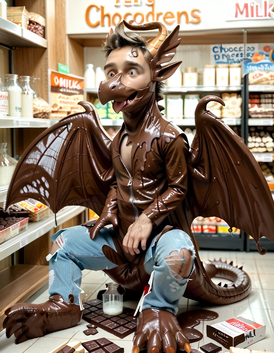 UHD, masterpiece, (photorealistic:1.6), (adult human man morphing and shrinking into a flat empty winged living milk chocolate dragon fursuit costume:2), (chocolate petrification mid transformation photo:1.8), (collapsing flat and empty onto floor inside erotic costume shop full of various animal and mythical creature costumes:2.8), (he shrinks out of his baggy and ridiculously oversized shirt and jeans:2.4), (a costume zipper appears on his chest as part of his new living milk choclate dragon fursuit costume body:2.2), (human flat empty chocolate dragon living costume suit hybrid:2), (partially human:2.3), shrinking and flattening, (award winning photography), (an expression of fear and terror on his face as he flattens and transforms into a flat empty winged chocolate dragon costume suit:2), (nsfw, penis erection, cum:1.5)