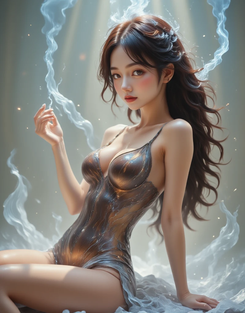 Beautiful Woman in 4k ,photo of a stunningly, amazing, looking at viewer, , small breasts, cleavage, an alluring woman wearing attire that appears as though it's woven from glistening threads of light. The fabric is nearly transparent, allowing her captivating figure to shine through. As she moves, the radiant material seems to emit a soft, otherworldly glow, adding to her allure and making her a truly enchanting sight to behold