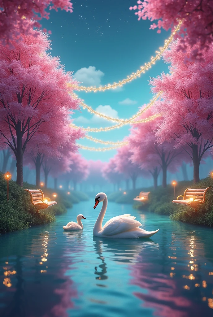 Créer un endroit extérieur la nuit avec des arbres aux feuilles rose et des guirlandes de lumières qui relient chaque arbre. Des bancs couleur doré et brillants, et des petites lucioles qui volent. Il y a des nuages qui ressemblent à de la barbe à papa. Il y a un lac d'eau turquoise avec un cygne et ses bébés