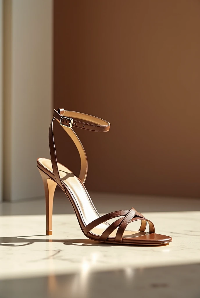 A luxurious pump shoe in matte leather with braided straps, Intertwined. dainty. Show on model&#39;s feet . Brown tones. 