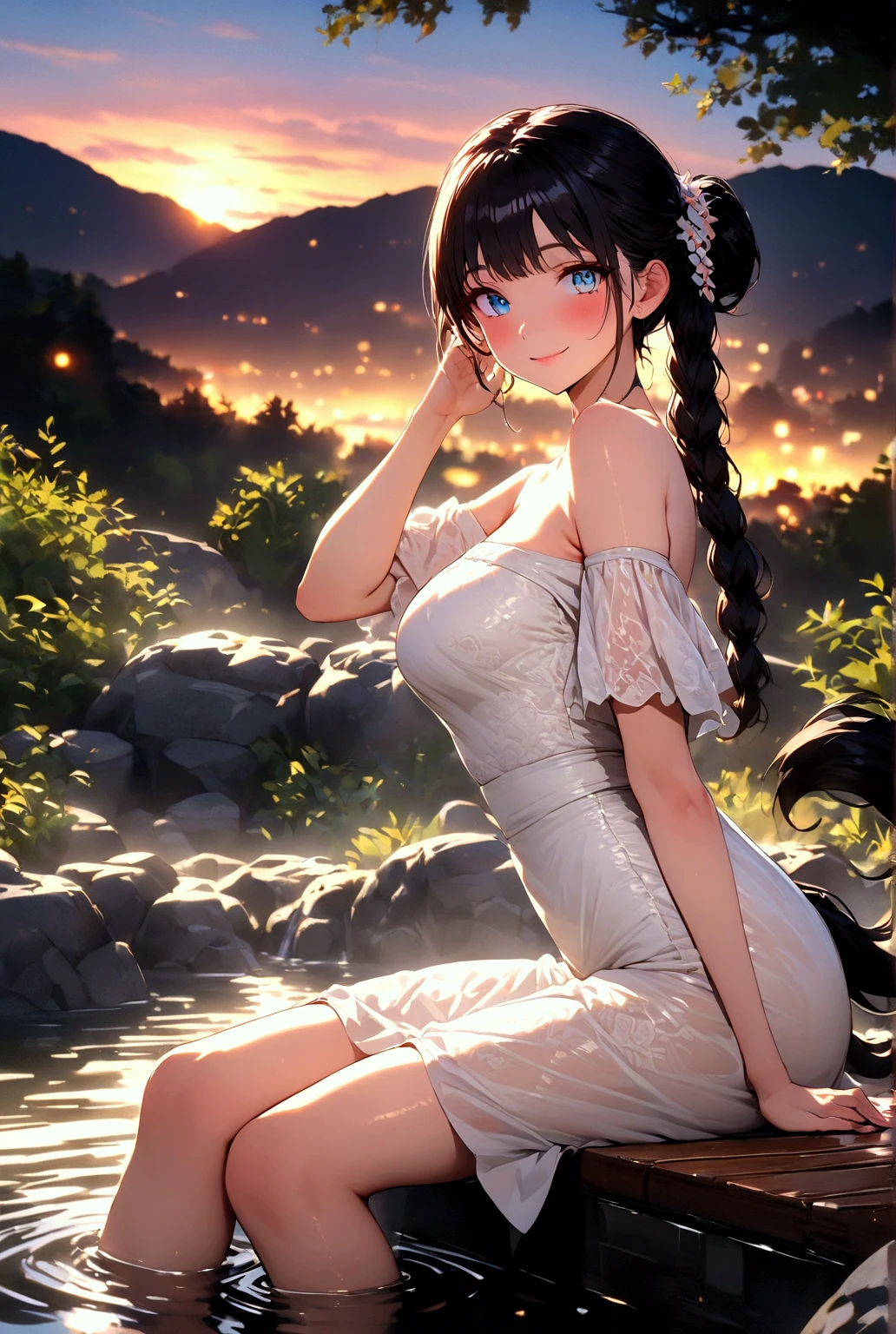 (巨作)、detailded、8K、((Full body back photo visible from head to toe))、Girl in micro bikini and straw hat、short dark hair、Colorful inner hair、Realistic and sharp details、with intricate details、Standing in the back of a meadow on a cliff near the sea, looking up at the ultra-beautiful and full view of multiple starry skies and galaxies.