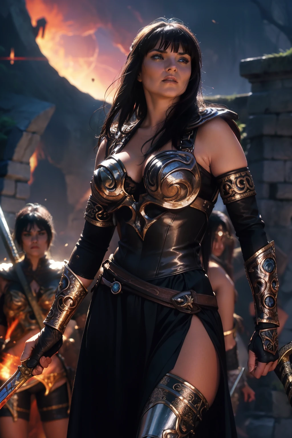 xena warrior princess,warrior,goddess,strong,brave,beautiful, determined, leather armor ,sword,battle,war,powerful,ancestral,,Noble,protector,Defender,legendary, adventure,Mediterranean, lush vegetation ,epic,bold,mythical,value, dark haired ,intense gaze,strong-willed,war cry,mysterious background,,inspiring,action packed,mythical creatures,epic battles,mythical world,empowering,fearless,warrior queen,Symbolic, universe of the gods , magical powers (vibrant colors),legendary weapon,luscious ,ancestral ruins, immortal spirit , cross machine ,Eclipse Lunar, divine lineage , Painted art , Digital Art