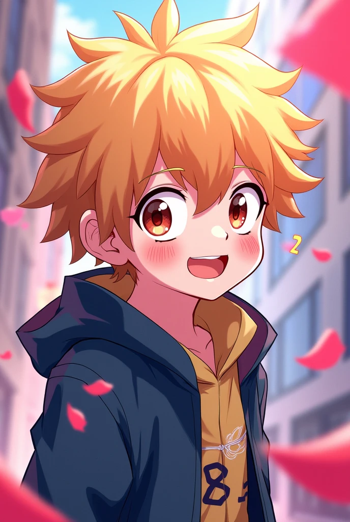 A boy with pink skin ( like the character of Mina Ashido ) with blond hair and little cuties . The style has to be like the anime of Boku no hero Academia