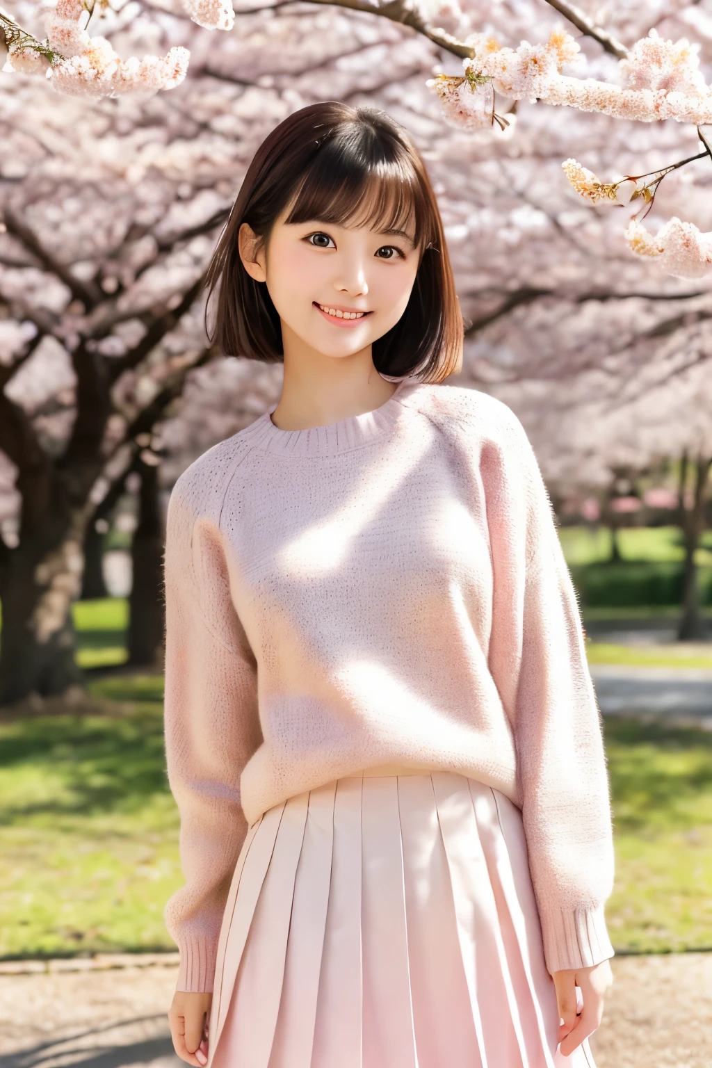 Standing under a cherry tree, Japanese Girls, , a bit, cute, (White small knit sweater:1.3), it&#39;s snowing, The pupils shine, Brown short hair, depth odebt debtield, debt/1.8, Anatomically correct, Textured skin, Super detailed, Attention to detail, high quality, Super detailed, Attention to detail, high quality, 最high quality, High resolution