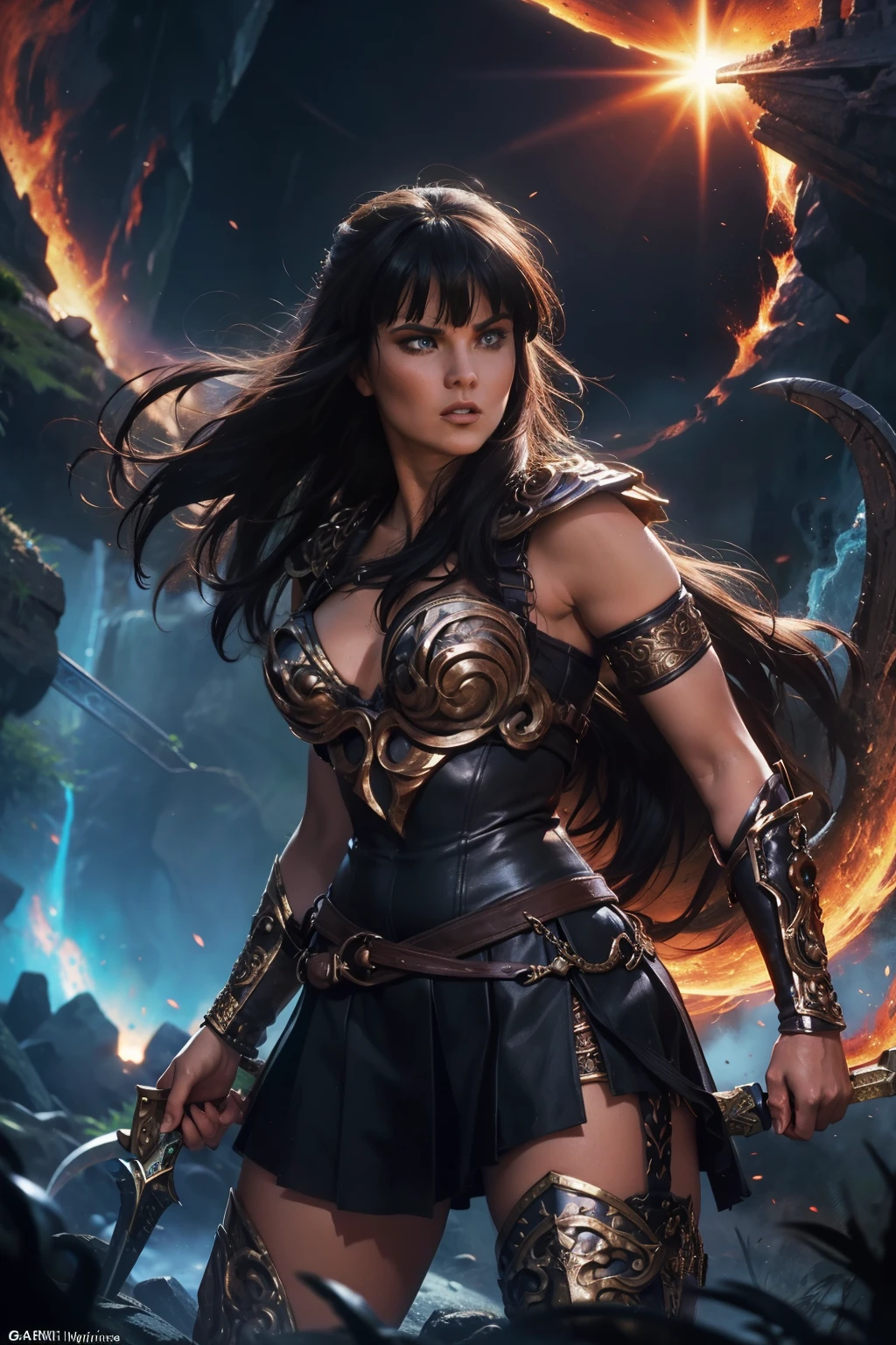 xena warrior princess,warrior,goddess,strong,brave,beautiful, determined, leather armor ,sword,battle,war,powerful,ancestral,,Noble,protector,Defender,legendary, adventure,Mediterranean, lush vegetation ,epic,bold,mythical,value, dark haired ,intense gaze,strong-willed,war cry,mysterious background,,inspiring,action packed,mythical creatures,epic battles,mythical world,empowering,fearless,warrior queen,Symbolic, universe of the gods , magical powers (vibrant colors),legendary weapon,luscious ,ancestral ruins, immortal spirit , cross machine ,Eclipse Lunar, divine lineage , Painted art , Digital Art