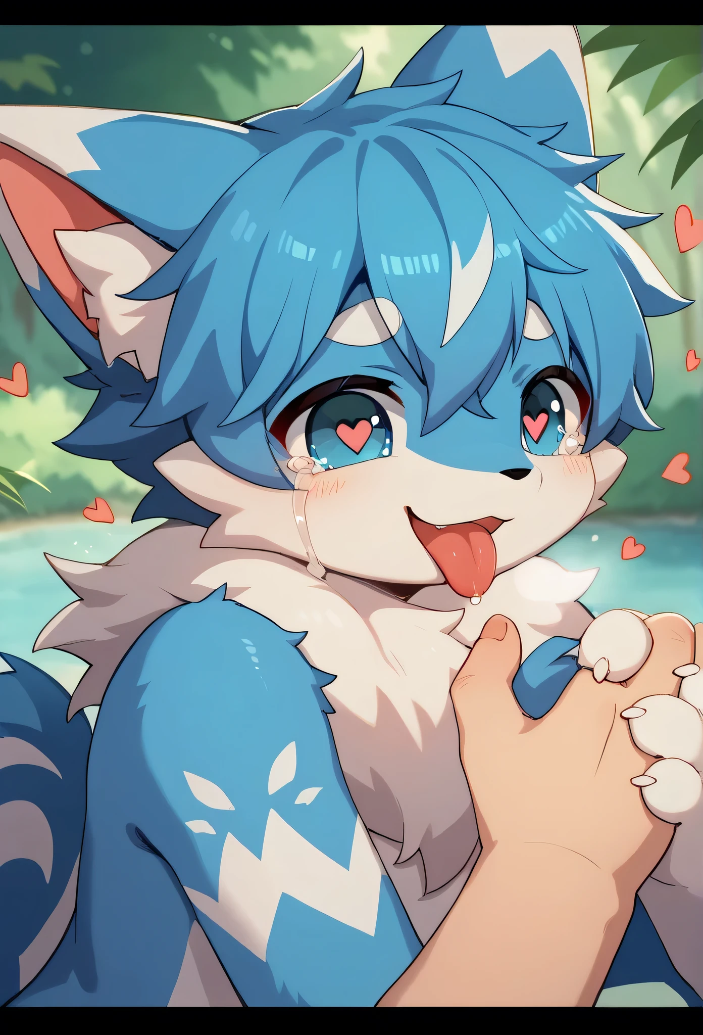 two blue furs , male and female holding hands and crying, anthropomorphic style , Very detailed fur texture ,Emotional expression, soft light,There is an accent of white hair,natural forest background , anime-style illustration -ar 16 :9 bright colors , very detailedな, very detailed,Blue fur, blue haired blue male and female ,Look at the bones and make them cute ,Heart Eyes,participate,Red Art ,green,white,, cute face, something like fluffy fur ry, excited, amorous girl and boy ,森smile,Dropped ears,Beautiful City,naked, My mental age ,want,smile,Heart Eyes,Protruding tongue ,Art , getting stroked on the head , something like fluffy fur ,