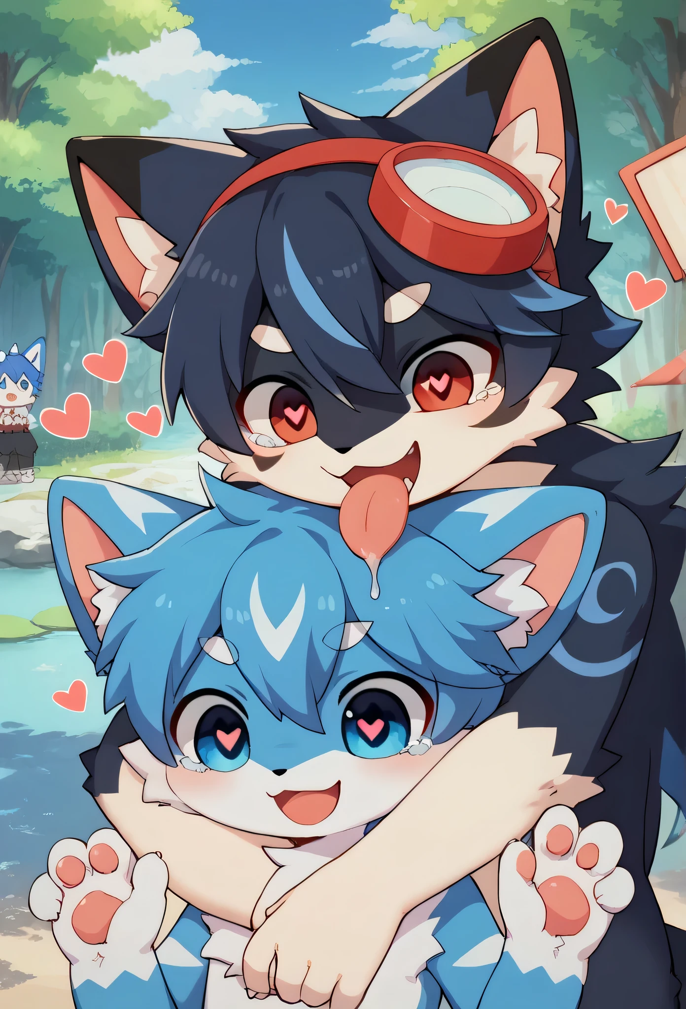  two blue furs , male and female holding hands and crying, anthropomorphic style , Very detailed fur texture ,Emotional expression, soft light,There is an accent of white hair,natural forest background , anime-style illustration -ar 16 :9 bright colors , very detailedな,   very detailed,Blue fur, blue haired blue male and female  ,Look at the bones and make them cute ,Heart Eyes,participate,Red Art ,green,white,, cute face, something like fluffy fur ry, excited,  amorous girl and boy ,森smile,Dropped ears,Beautiful City,naked, My mental age ,want,smile,Heart Eyes,Protruding tongue ,Art , getting stroked on the head , something like fluffy fur ,