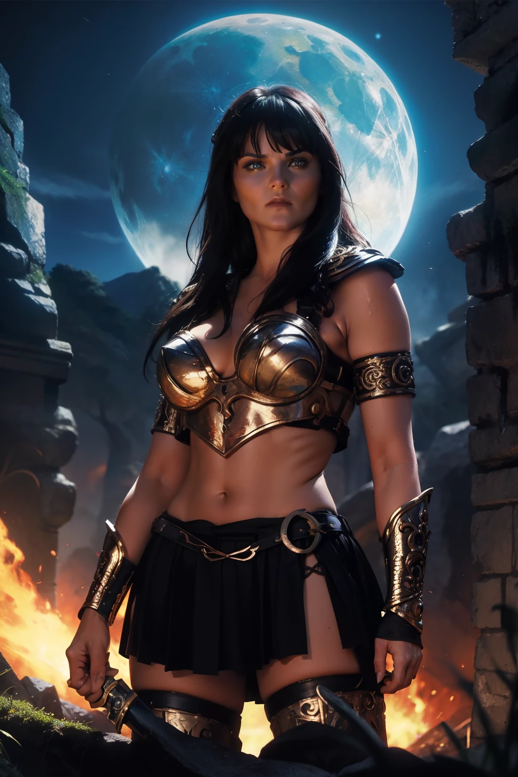 xena warrior princess,warrior,goddess,strong,brave,beautiful, determined, leather armor ,sword,battle,war,powerful,ancestral,,Noble,protector,Defender,legendary, adventure,Mediterranean, lush vegetation ,epic,bold,mythical,value, dark haired ,intense gaze,strong-willed,war cry,mysterious background,,inspiring,action packed,mythical creatures,epic battles,mythical world,empowering,fearless,warrior queen,Symbolic, universe of the gods , magical powers (vibrant colors),legendary weapon,luscious ,ancestral ruins, immortal spirit , cross machine ,Eclipse Lunar, divine lineage , Painted art , Digital Art
