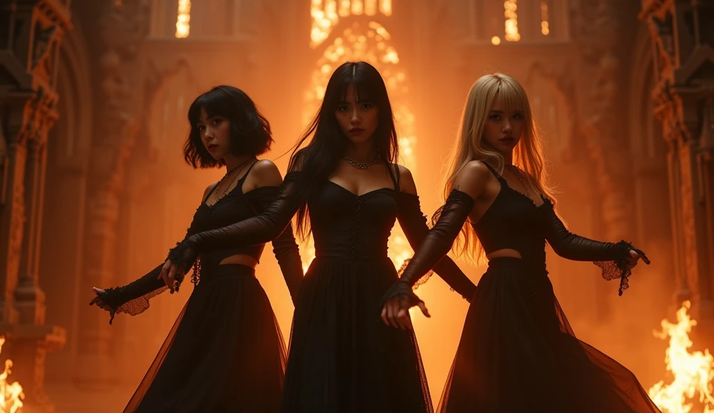 1. **Dark cityscape**: Use an image of a twilight city with glowing lights and shadowy clouds.
2. **Regal throne**: Place an ornate, high-backed throne in the center, slightly shrouded in mist.
3. **Group members**: Position them around the throne in dramatic poses. Use dark, edgy fashion styles with metallic or gothic details.
4. **Color scheme**: Use black, deep purples, and blues with silver or metallic accents.
5. **Text**: "Queen of Shadows" in bold, elegant metallic font at the top or bottom, with "Portrait" prominently displayed.."
It's a girl k-pop group