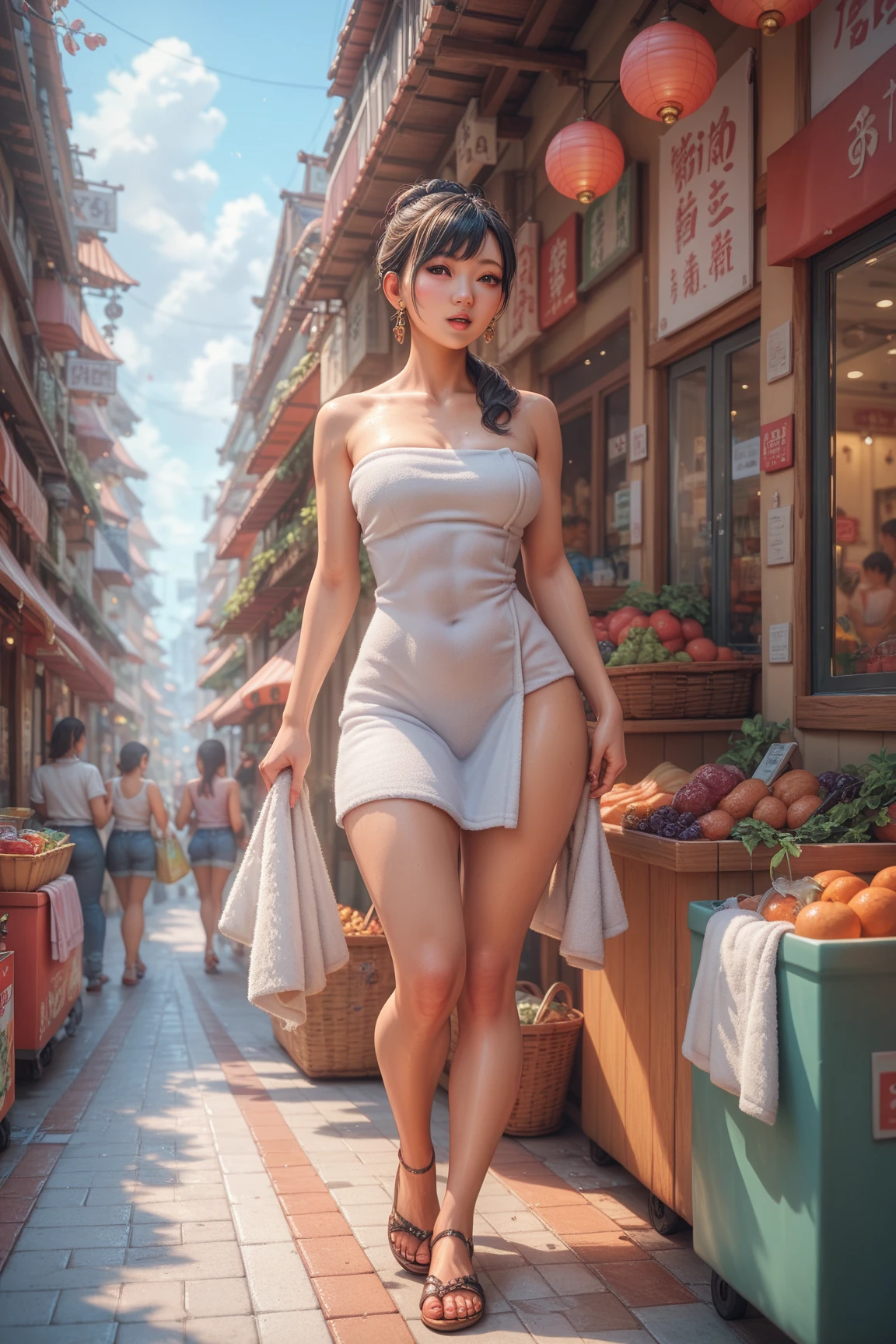 sfw:2,Asian woman in bathroom wearing towel, shopping in crowded street market, surrounded by women