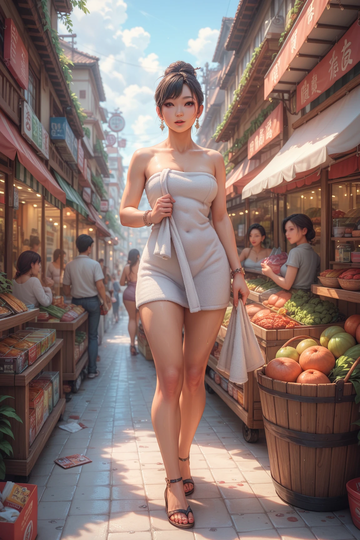 sfw:2,Asian woman in bathroom wearing towel, shopping in crowded street market, surrounded by women