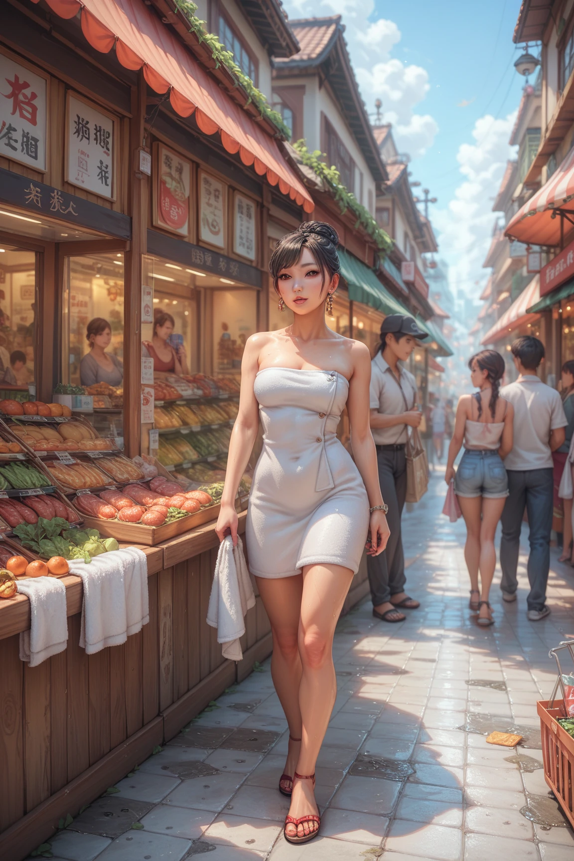 sfw:2,Asian woman in bathroom wearing towel, shopping in crowded street market, surrounded by women