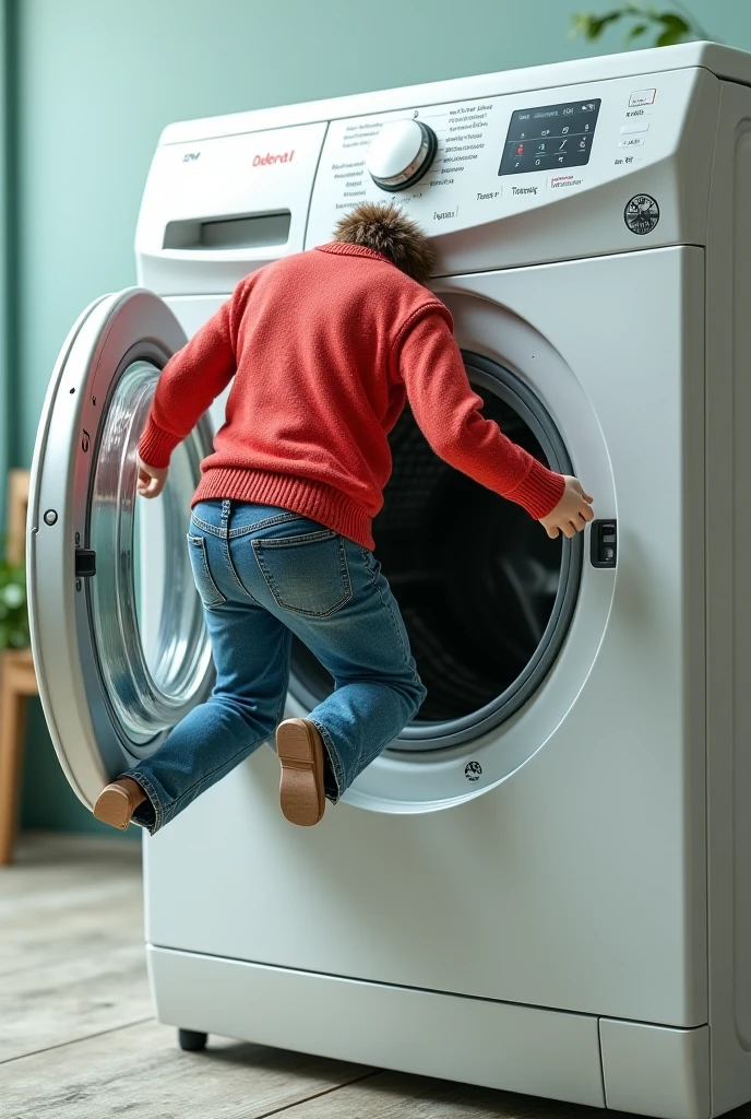 Girl sticking her head into the washing machine and showing her backside