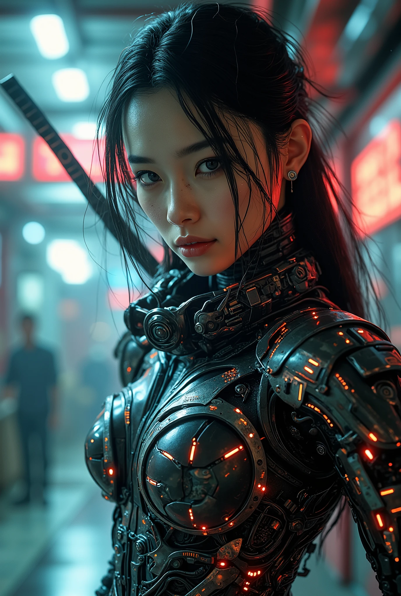 , a woman in the middle of a cyberpunk battlefield. Dressed in black mechanical armor and holding a huge energy weapon in her hand, she seemed to be preparing for battle. The woman's face was cold and resolute, as if she were a professional warrior. The surroundings of the battlefield are full of cyberpunk elements. High-rise buildings, machinery, high-tech weapons, etc. are all present in the picture. The walls and floor are made of different metal textures, creating a sense of mechanization. The battlefield was full of fire, and the sound of explosions was constant, as if life and death could not be relaxed for a moment there. This picture fully demonstrates the unique charm of surrealist art, making people feel a strong sense of future and technology. The image of the woman on the battlefield is full of strength and confidence, awe-inspiring and admirable. At the same time, the surreal elements in the picture are also exciting and curious, making people imagine the future world. (8K Super Resolution, Masterpiece, Excellent)