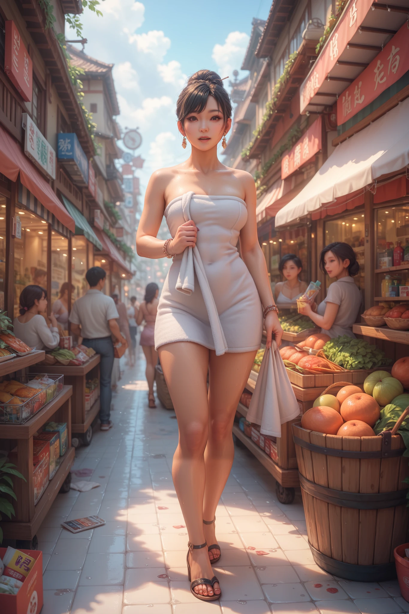 sfw:2,Asian woman in bathroom wearing towel, shopping in crowded street market, surrounded by women