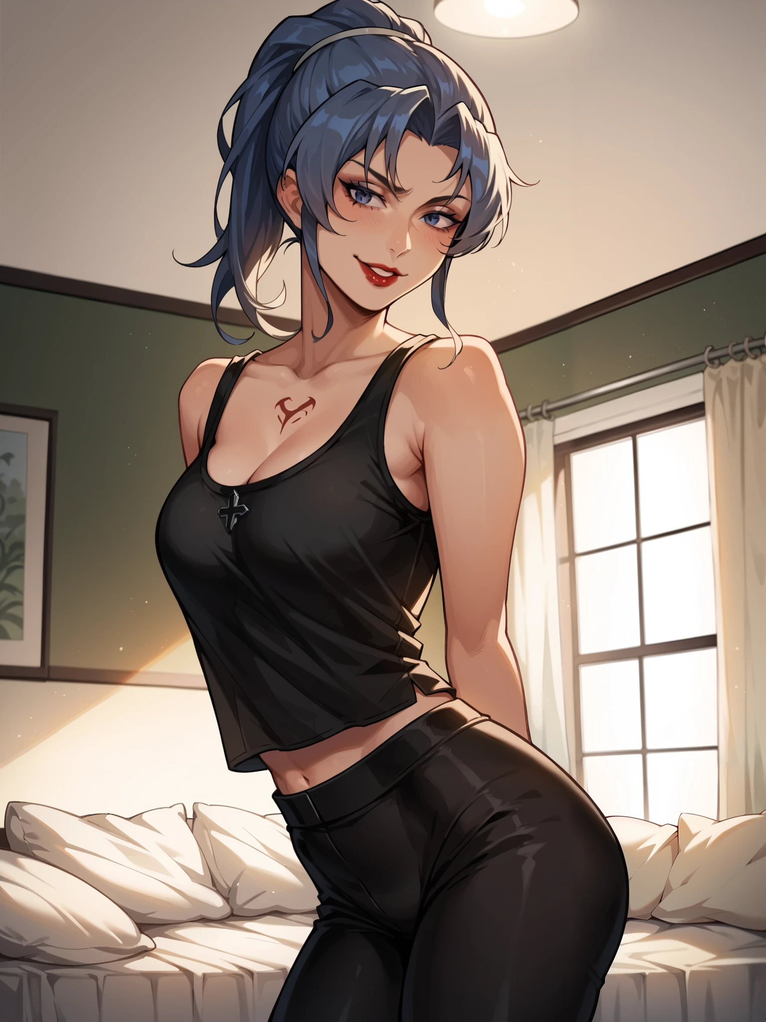Girls, smile, red lips, fair skin, long hair, blue hair colors, big , big breats, big , big ,  body, thic, thic body, crop tank top, black crop tank top colors, leggings, black leggings colors, beauty girls,  pose, in bedroom background, gaze looking at the camera, score_9, score_8_up, score_7_up, score_6_up, score_5_up, score_4_up, BREAK source_anime,  Esdeath, , looking back