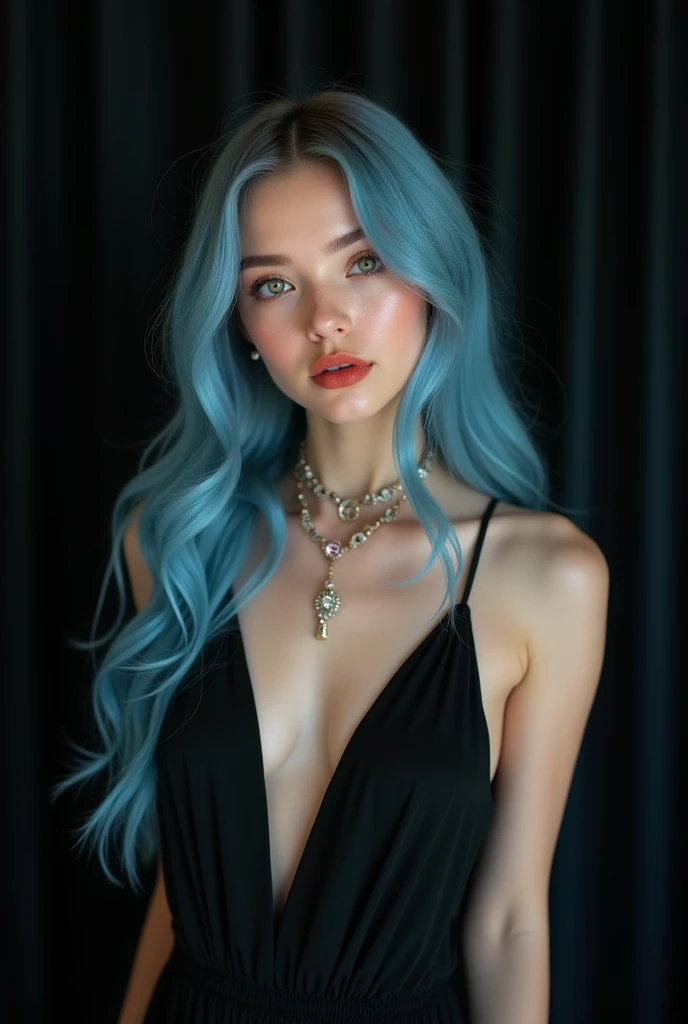 A beautiful woman Blue hair, white With an intimate look with a blue pearl necklace, Dark background