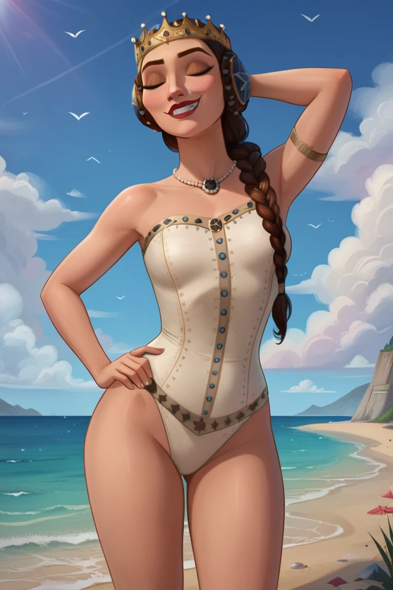 very tall woman,very thick woman.big hips,1girl,giantess,female,valkyrie,at the seaside,god rays,normal quality,photorealistic,beautiful face,